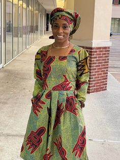 "African Ankara midi length long sleeve midi Dress handmade women dress and headwrap with sides pockets Yellow background with other multi color bold print. Contact me for other sizes or if you want different body measurements. Made with Polycotton fabric Check the measurement before purchasing. Please take your measurements before you order. Please don't assume that you know your measurements because every store has their own size guide. Let me know within 3 days after receiving the item that y Fitted Long Sleeve Ankara Maxi Dress, Long Sleeve Ankara Fabric Spring Dress, Spring Ankara Long Sleeve Dress, Spring Long Sleeve Ankara Dress, African Head Dress, Dress African, African Ankara, Polycotton Fabric, Ankara Style