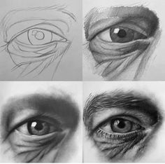 four different views of an eye, one showing the iris's eyes and the other with