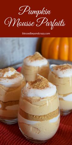 pumpkin cheesecake mousse parfaits with whipped cream and cinnamon on top