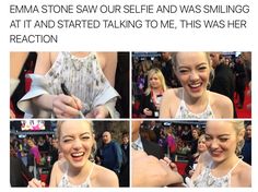 an image of a woman smiling and holding something in her hand with the caption, emma stone saw out self and was smiling at it'd