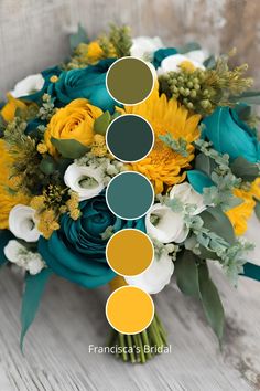 a bridal bouquet with sunflowers, roses and greenery in shades of teal