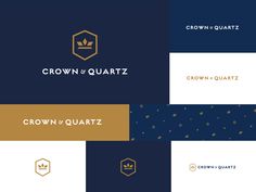 the crown of quartz logo is shown in three different colors and font styles, including gold