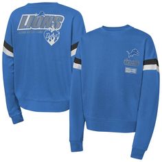 Wrap your little Detroit Lions fan in team spirit with this adorable Blue Eternal Love Pullover Sweatshirt. With team color stripes below the shoulders and team graphics printed on the left chest and back, this sweatshirt lets your little fan show their Detroit Lions pride. The midweight construction makes it ideal for moderate temperatures, ensuring cozy comfort whether they're cheering from the stands or playing with friends. Detroit Lions Sweatshirt, Playing With Friends, Lions Pride, Detroit Lions Football, Gameday Couture, Lion Pride, Blue Two Piece, Oversized Crewneck, Detroit Lions