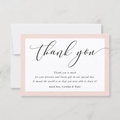 a thank card with the words thank you on it in black and white ink, against a pale pink background