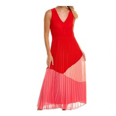 Brand New Red And Pink Color-Blocked Pleated Dress. Size Xl. V-Neck. Elasticized Waist. Midi Length. Lined. 100% Polyester. Approx. 21” Pit To Pit And 53” Long. Yellow Satin Dress, Purple Ruffle Dress, Turquoise Maxi Dress, White Floral Maxi Dress, Taylor Red, Grey Midi Dress, Womens Floral Dress, White Dresses For Women, Midi Sheath Dress