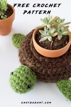 a crocheted turtle sitting next to a potted plant