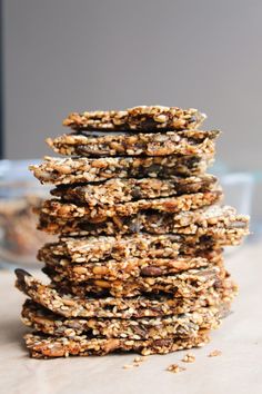 a stack of granola cookies sitting on top of a table