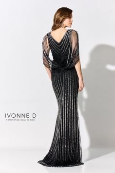 The Ivonne D ID309 gown is the epitome of elegance and sophistication. The high slit adds a touch of allure, while the V-back accentuates your curves, allowing you to showcase your beauty and style with grace and confidence. Black And Silver Mother Of The Bride Dress, Black And Silver Evening Gown, Fabric Beading, Happy Dresses, Formal Evening Gown, Plastic Dress, Sheath Gown, Sequin Evening Dresses, Cocktail Gowns