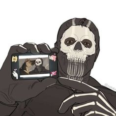 a skeleton holding up a cell phone to take a picture