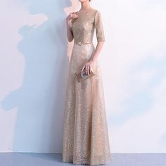 Gold Glitter Evening Long Gown (Elegant) Full Length Prom Evening Dress For Prom Season, Sequin Floor-length Dress With Sweep Train For Evening, Floor-length Sequin Dress With Sweep Train For Evening, Champagne Evening Dress With Sweep Train, Evening Full-length Maxi Dress For Prom Season, Evening Full-length Maxi Dress For Prom, Elegant Full-length Evening Dress For Party Season, Glamorous Full-length Gown For Banquet, Full Length Evening Dress For Prom Season