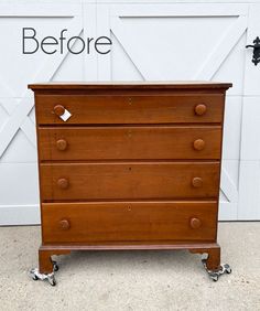 an old dresser is turned into a nightstand with wheels and knobs on the bottom