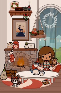 a woman sitting at a table in front of a fireplace with christmas decorations on it