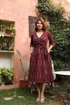 Women's outfit, Frock suit set Wrap Cotton Dress, A Line Dress Cotton, Wrap Style Dress, Cotton Ikat Dress, Kurta Dress Designs, Designs For Cotton Dresses, Cotton Material Dress Design, Middies For Women, Ikat Dress Kurti