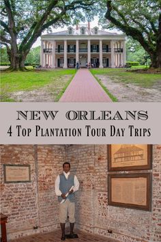 a man standing in front of a brick building with the words new orleans on it