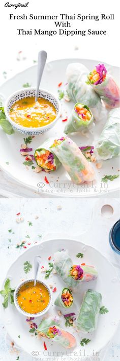 spring rolls with mango dipping sauce and fresh summer thai spring roll recipe on white platter