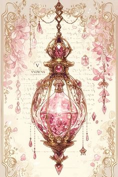 a pink and gold lantern hanging from the ceiling in front of an ornate frame with flowers