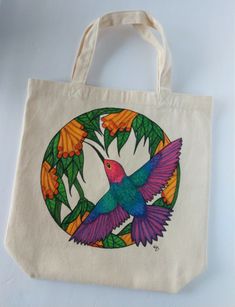 Hummingbird Beadwork, Canvas Grocery Bag, Fabric Paint Diy, Flower Tote Bag, Handpainted Bags, Painted Tote, Painted Bags, Halloween Tote Bag