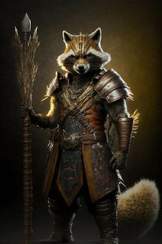 a raccoon dressed in armor and holding a stick