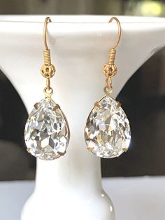 Clear Crystal Teardrop Earrings in Gold, Vintage Swarovski Crystal Drop Earrings, Large Pear Shaped Crystal Earrings & Gold Filigree Balls Swarovski Crystal Drop Earrings, Large Statement Earrings, Crystal Teardrop Earrings, Earrings In Gold, Gold Filigree, Sustainable Jewelry, Swarovski Earrings, Crystal Drop Earrings, Crystal Drop