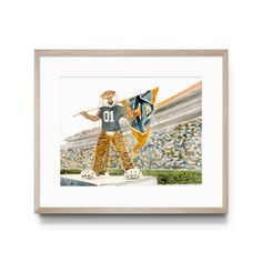 a watercolor painting of a football player holding a flag on top of a field