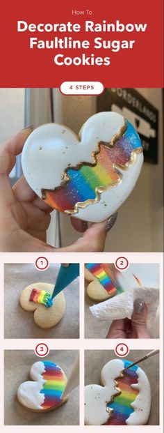 how to decorate rainbow cookies in the shape of hearts with cookie cutters and icing