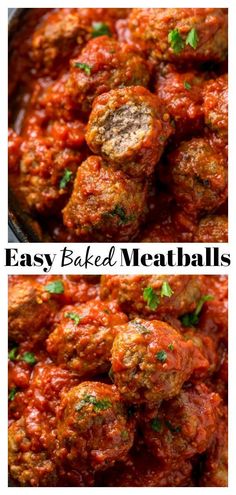 easy baked meatballs with marinara sauce and parsley