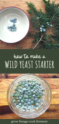 the wild yeast starter for homebrewing is in a glass bowl and on top of a wooden table