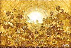 an artistic painting with flowers in the foreground and sun in the backgroud