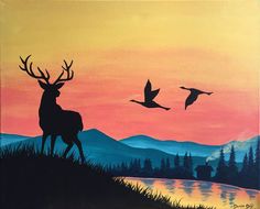 a painting of a deer and birds in the sunset