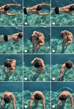 multiple shots of a man swimming in the water with his hands on his hips and heart shaped balloons