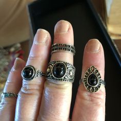 Super Cute Midi Rings. 5 Rings In Total. Silver Tone With Black Accents On A Few Of The Rings. Looks Great Paired With Most Outfits! Nwt Esoteric Rings, Whimsigoth Rings, 90s Witch, Ace Ring, Edgy Rings, Goth Ring, Garnet And Diamond Ring, Fashion Rings Silver, Hand Rings