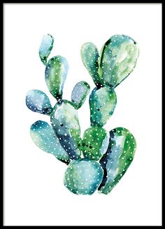 a watercolor painting of a cactus plant with green leaves and white dots on it