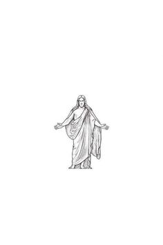 the statue of jesus is shown in this black and white drawing, with his arms spread out