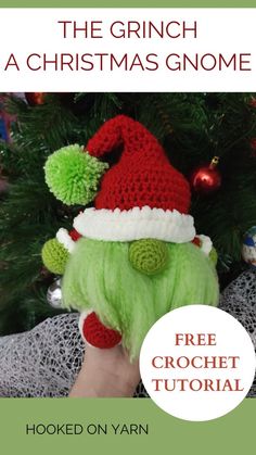 the grinch christmas gnome free crochet pattern is shown in front of a christmas tree