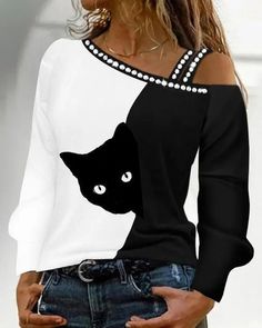 An exclusive offer for you——Affordable prices at Zolucky store, SPU: 29413SH7JC9B0, Color: Black-white, Silhouette:H-Line, Thickness:Regular. Unique Outfit Ideas, Fall Cat, Text Letters, Casual Long Sleeve Shirts, Casual Spring, Crew Neck Top, Halloween Cat, Free Clothes, Halloween Outfits