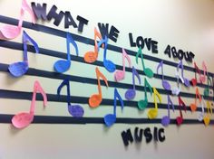 colorful musical notes are hanging on the wall