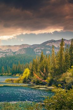 a lake surrounded by trees and mountains under a cloudy sky