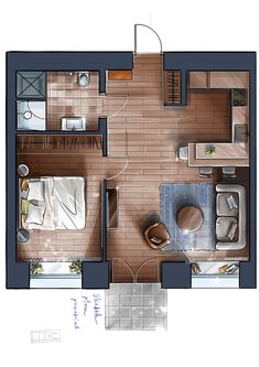 an overhead view of a bedroom and living room in a small apartment with wood flooring