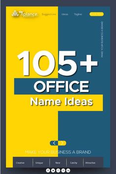 the front cover of an office brochure with yellow, blue and grey colors