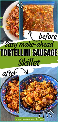 tortellini, sausage, and peppers in a clear bag, skillet, and bowl