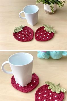 crocheted strawberry coasters and coffee cup cozyies are perfect for the kitchen