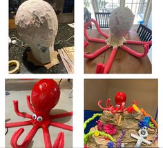 four different images of paper mache sculptures with red octopus heads and hands on them