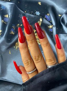 Red Nails With Glitter Ring Finger, Red Sparkle Nails, Red Glitter Nails, Natural Nail Shapes, Red Nails Glitter, Acrylic Ideas, Long Stiletto, Red Acrylic Nails, Red Nail Designs