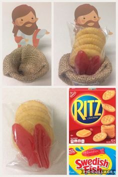 three pictures show the process of making an action figure with bread, chips and candy