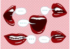 four mouths with speech bubbles above them on a pink polka doted background, all in different shapes and sizes