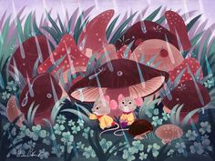 two mouses are sitting in the grass near mushrooms and plants, with rain falling down on them