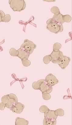 a pink background with teddy bears and bows on it's sides, all in different sizes