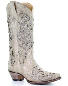 White leather upper. Glitter inlay with crystal accents. Snip toe and 13" shaft. Single stitch welt. Leather lining. Cushioned leather insole. Dandy Look, White Cowboy Boots, Bota Country, Popular Boots, Wedding Boots, Corral Boots, Boots Vintage, White Glitter, Thick Heels