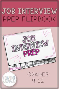 the job interview prep book is shown in pink and black with text that reads job interview prep