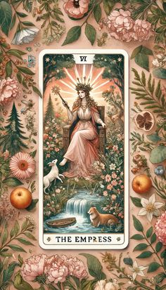 a tarot card with an image of the virgin mary surrounded by flowers and fruit